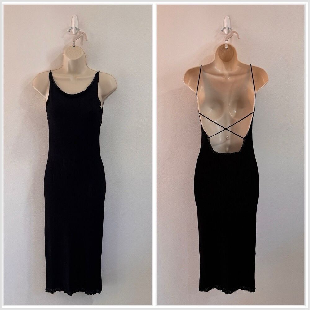 Vintage 90s Richard Tyler Midi Dress S Black Ribbed Strappy Open Back Lace Trim